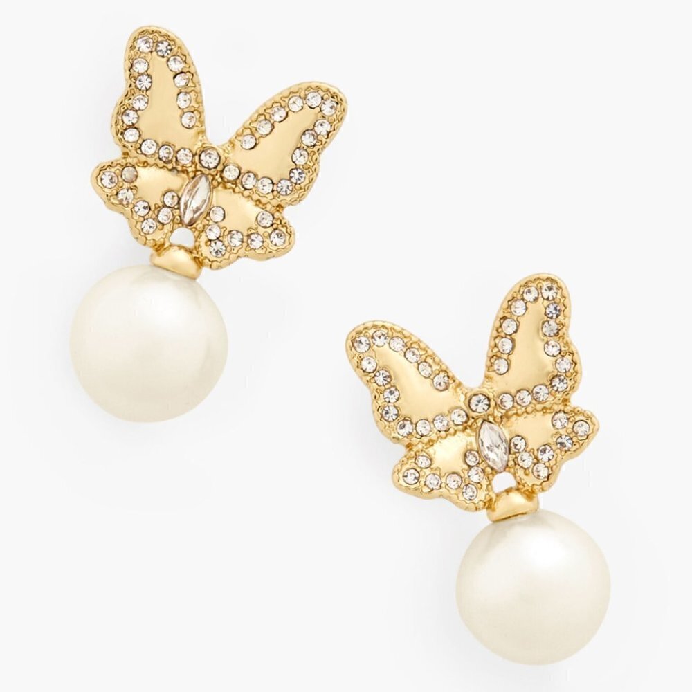 NWT Talbots Gold Pave Butterfly Round Pearl Drop Pierced Earrings